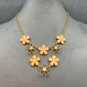 Claires Floral Necklace 18 In Peach Acrylic Flowers Rhinestone Gold Chain Retro